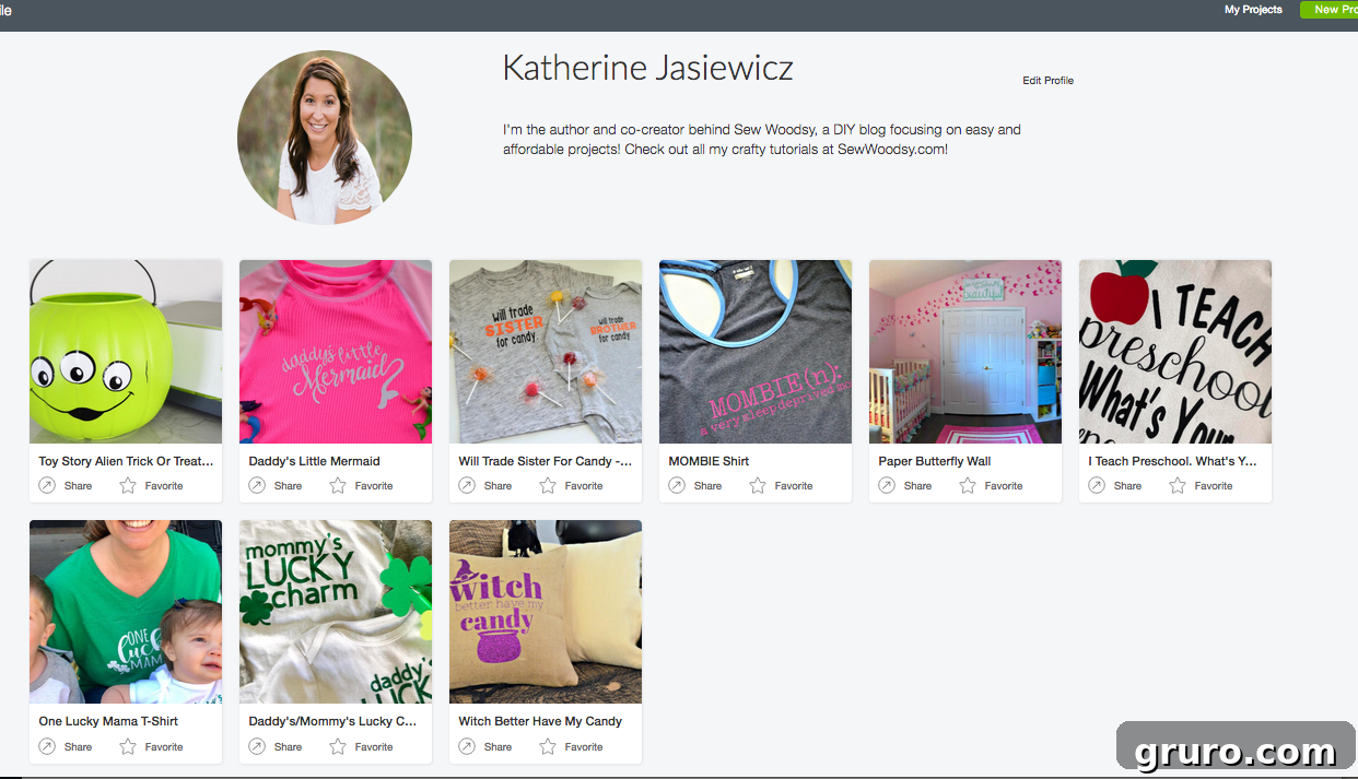 Screenshot of Sew Woodsy's Cricut Profile Page, showing shared projects