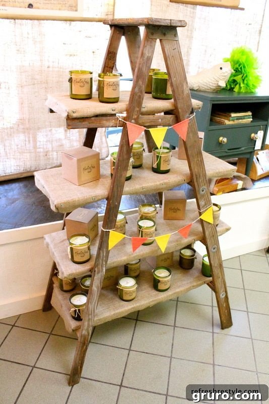 Adding colorful decorative banners to a finished ladder shelf