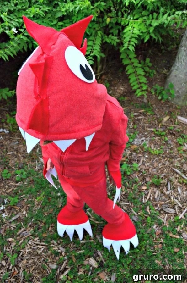 No Sew Dinosaur Costume with hood up