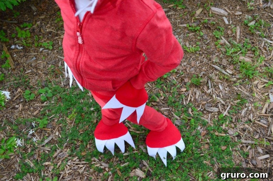 Close-up details of No Sew Dinosaur Costume