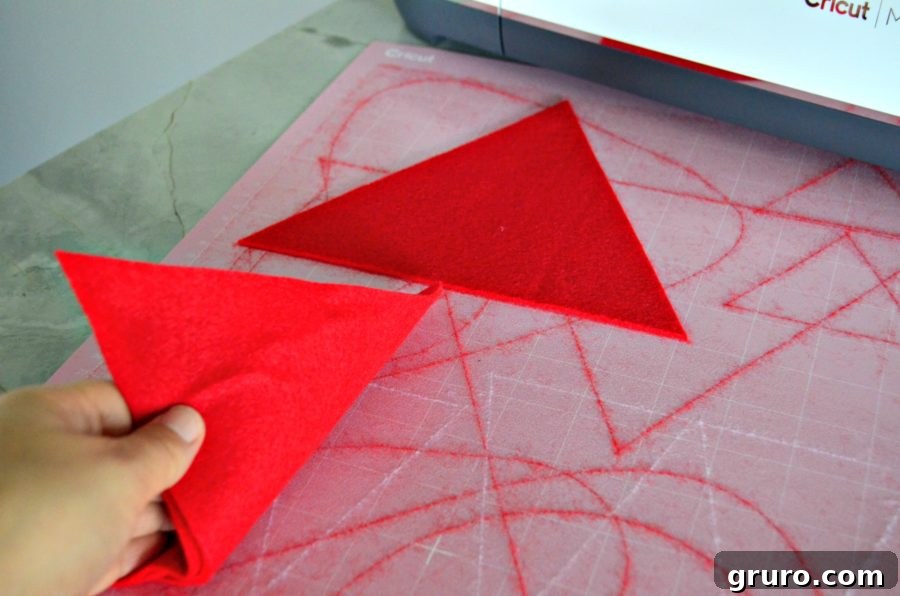 Red felt pieces cut for dinosaur costume