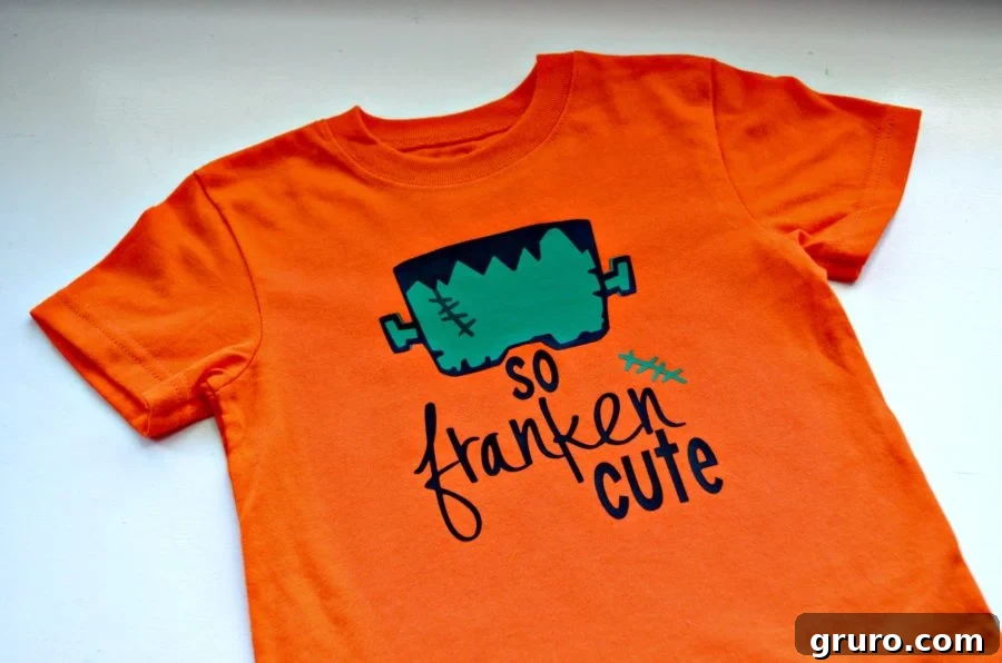 Finished 'So Franken Cute' DIY Halloween T-Shirt, ready to wear for the spooky season