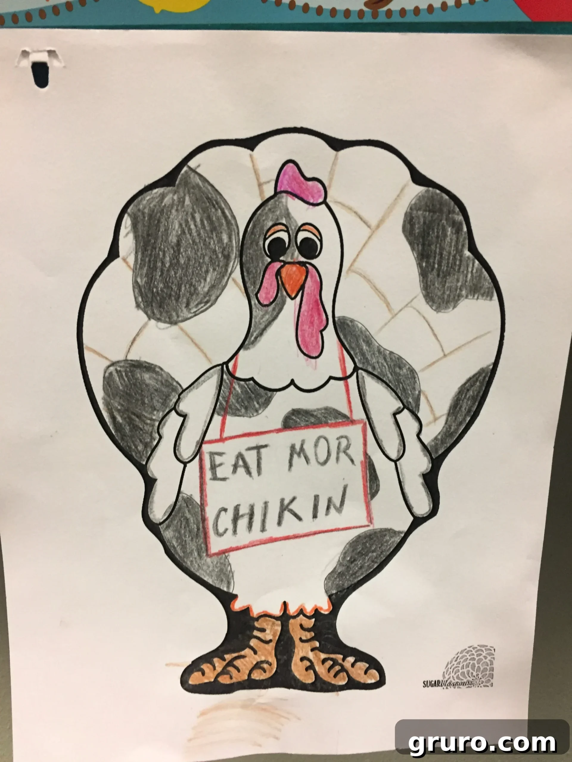 Colored with crayons, Turkey In Disguise as Eat More Chickin Chick Fill A cow.