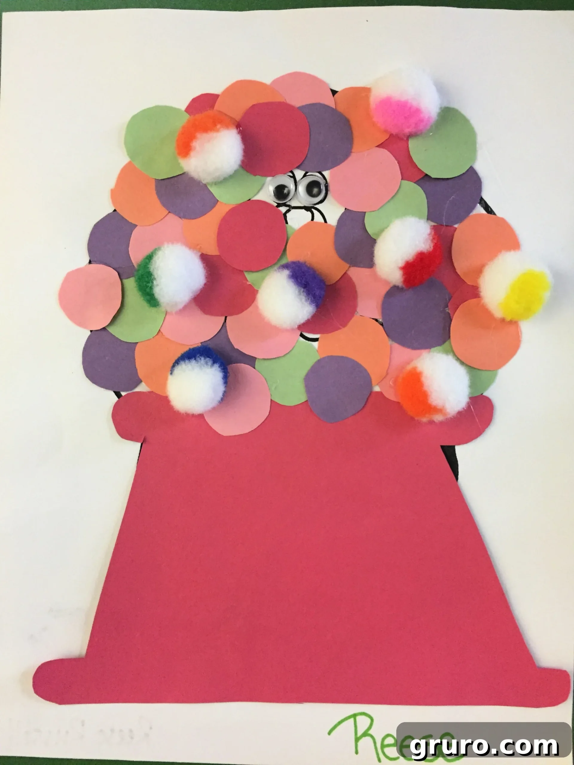 Paper Turkey In Disguise as a Gumball Machine with red construction paper base, round circles as gumballs and some cotton balls dipped in colors.