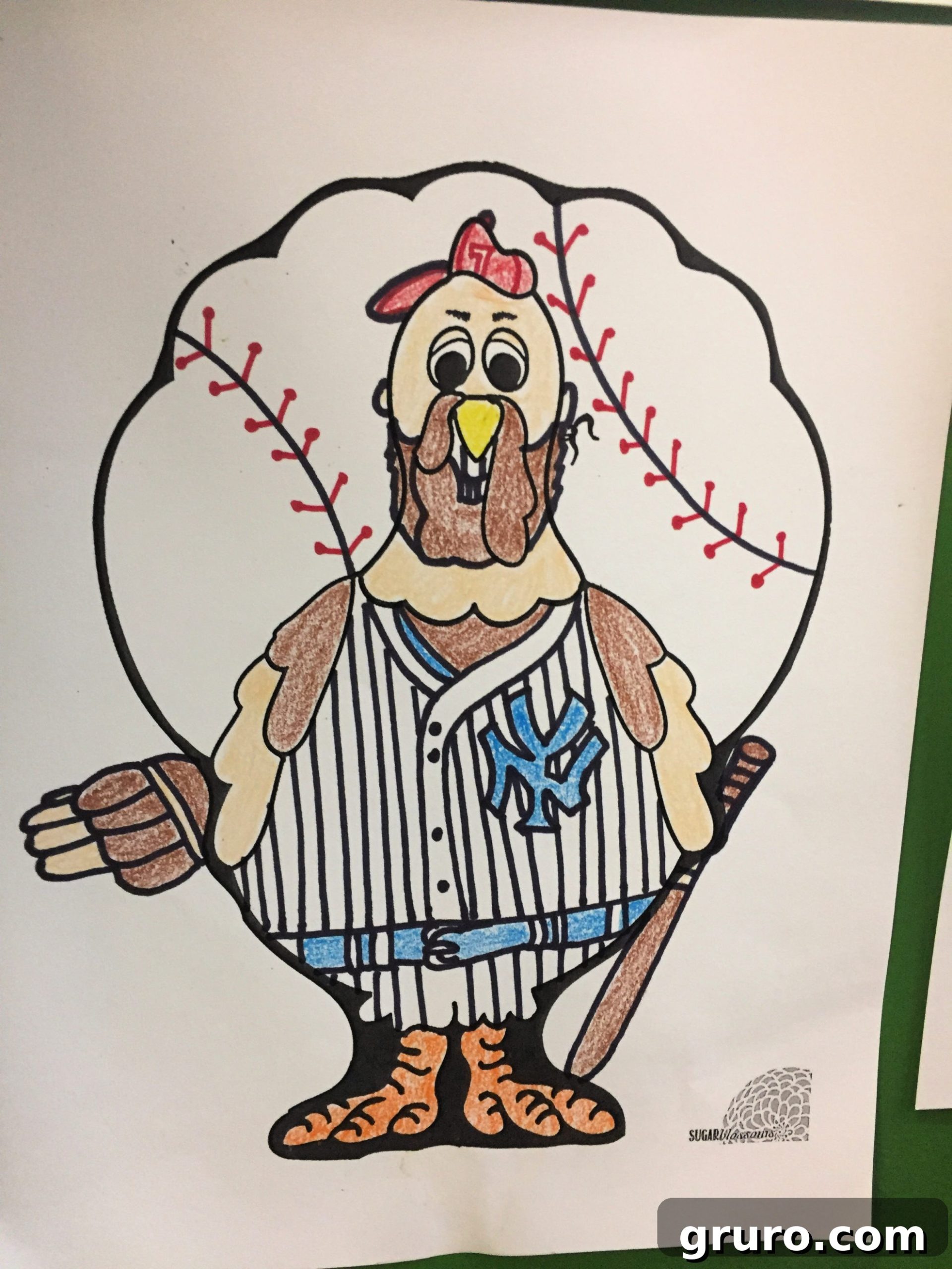 Colored Turkey In Disguise as a New York Yankees  Baseball Player with a baseball as the feathers. 