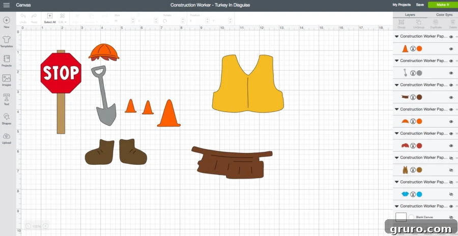 Turkey's Undercover Builder 3 Cricut Design Space Screenshot showing Construction Worker Turkey elements