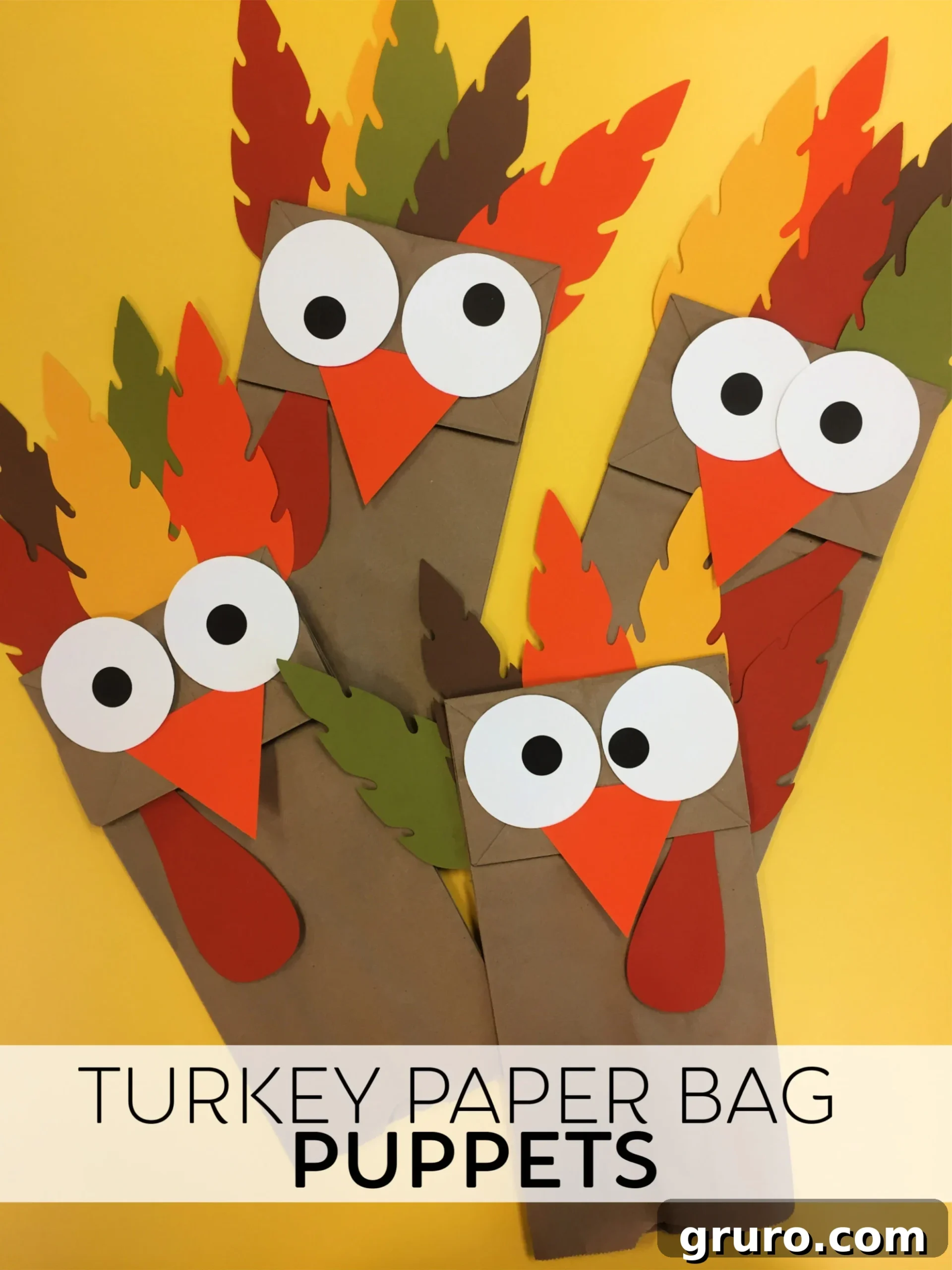 DIY Turkey Paper Bag Puppets 2 Four charming Turkey Paper Bag Puppets proudly displayed on a vibrant yellow table, ready for holiday fun and imaginative play.