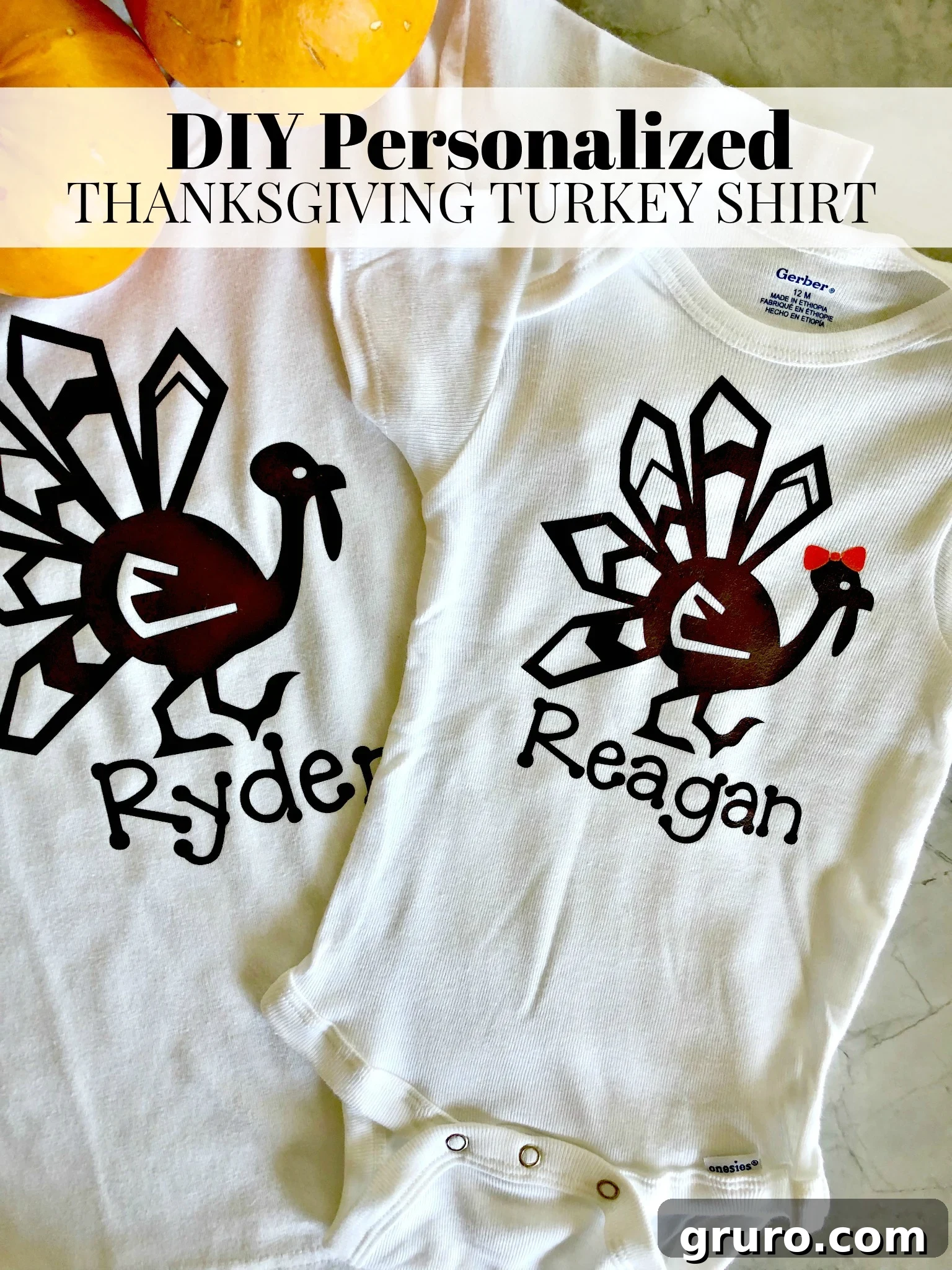 Top view of two personalized Thanksgiving turkey shirts with children's names, ready for the holiday season.