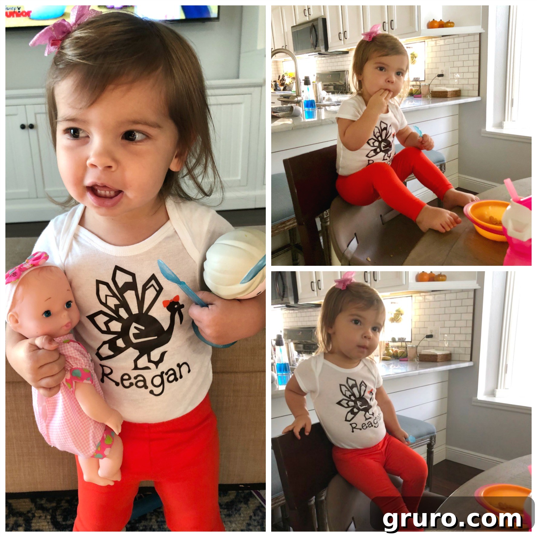 A collage of three delightful photos featuring a sassy little girl in orange leggings and her personalized Thanksgiving turkey onesie with a cute pink bow, showing her playful personality.