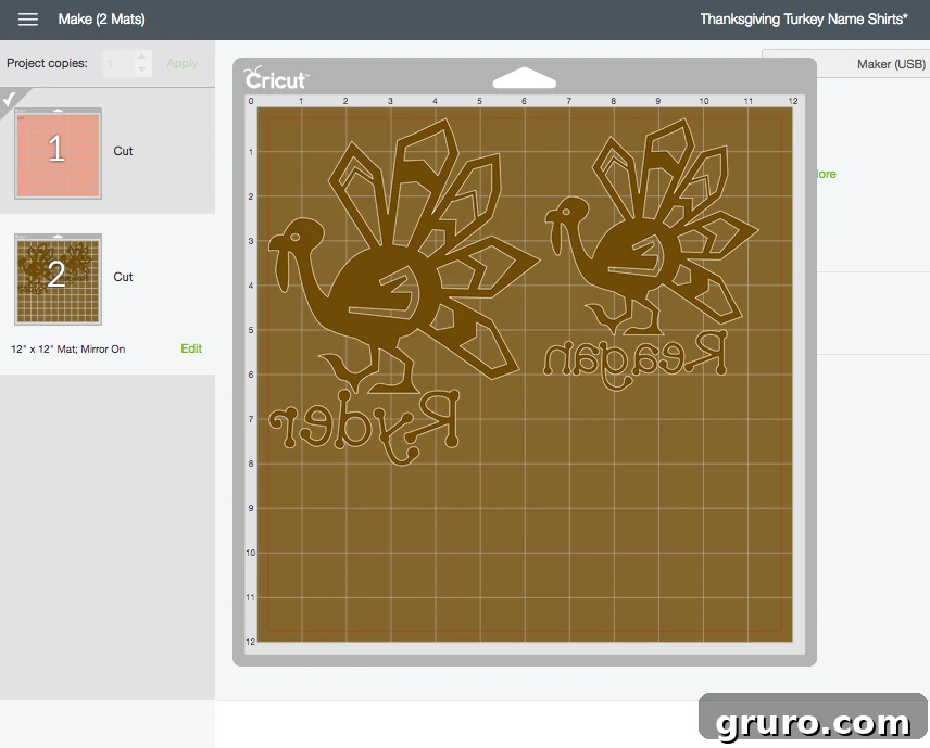 Screenshot of Cricut Design Space showing the mirrored turkey and name design, ready for cutting on iron-on vinyl.