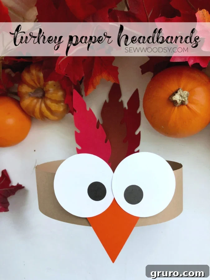 Paper Turkey Paper Headband next to fall leaves and pumpkins with text on image for Pinterest.