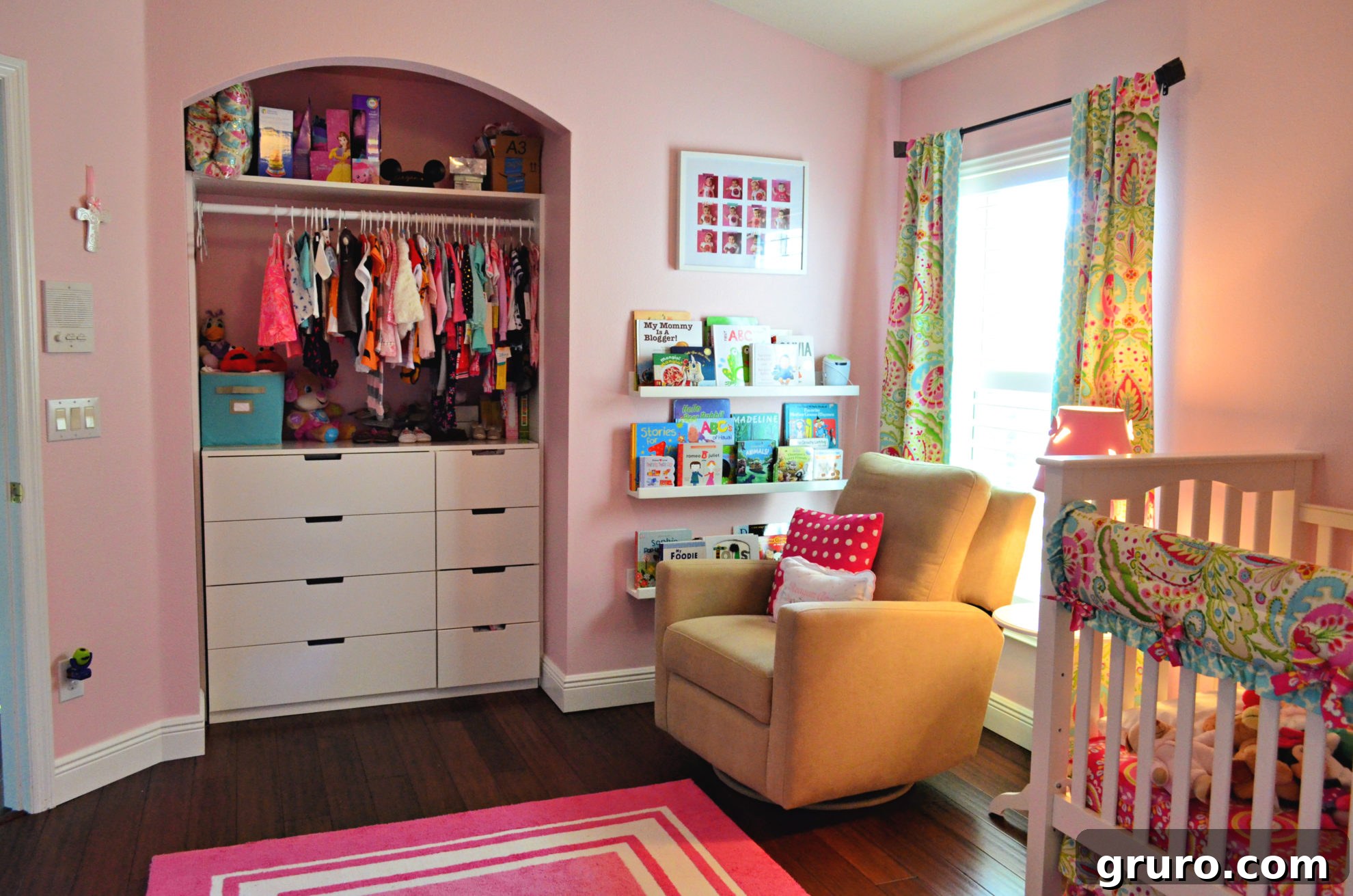 Baby Girl Floral Nursery with Creative Open Closet Solution