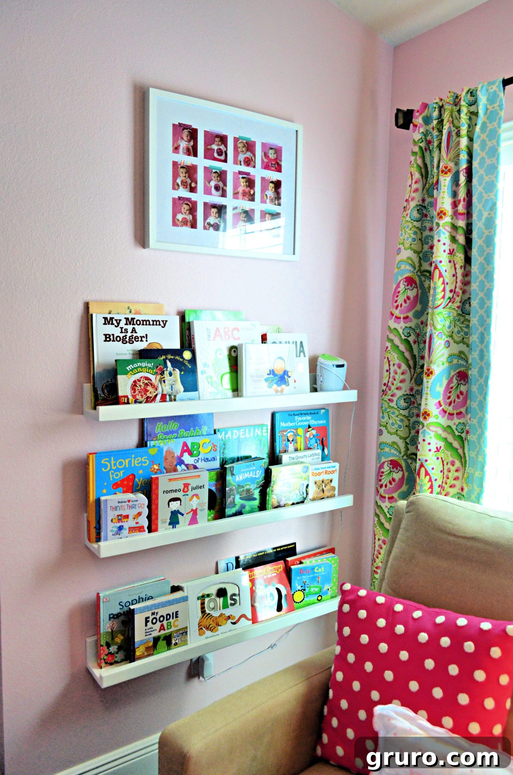 Floating Bookshelves displaying children's books in a floral nursery