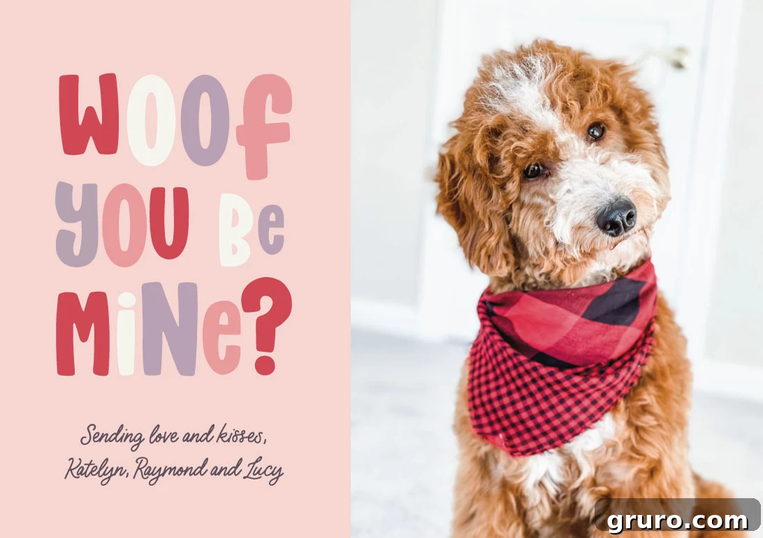 Valentine card with a picture of a dog dressed up on the right hand side.