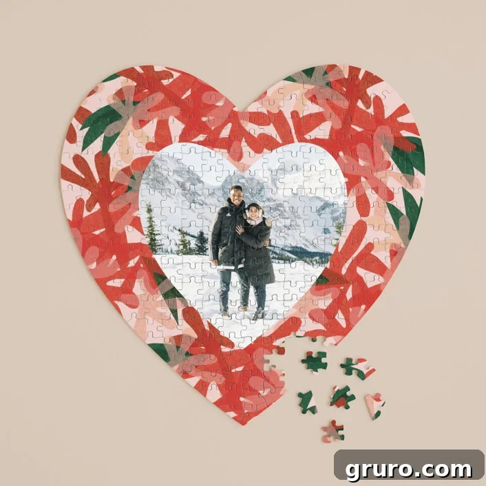 Red heart puzzle with a picture of a couple in the middle.