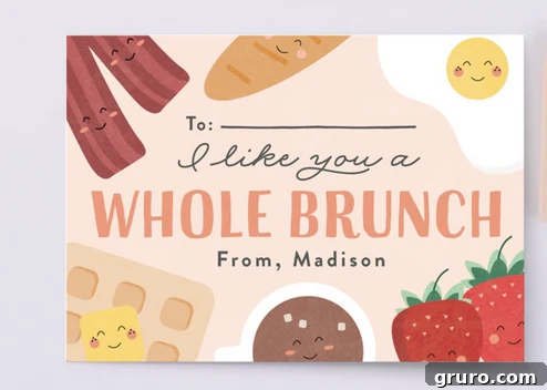 Whole Brunch Valentine with bacon, eggs, waffles on the card.