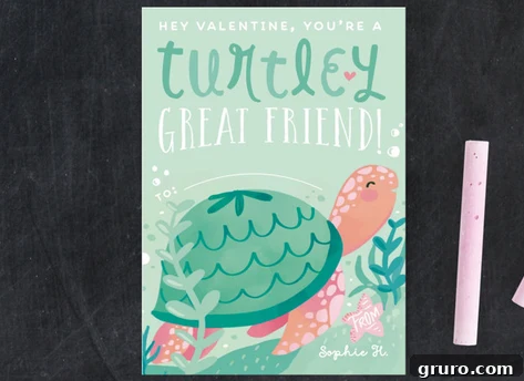 Green valentine with a sea turtle on it and says "Turtley Great Friend Valentine"