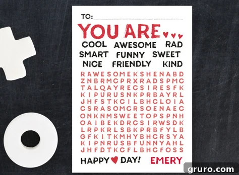 Valentine word search puzzle with words like cool, smart, awesome, rad in the search.