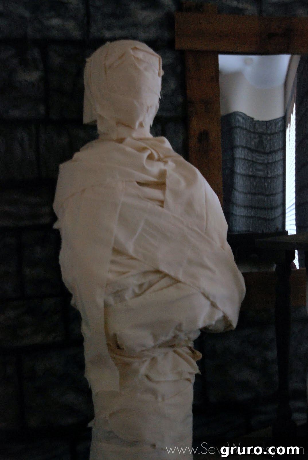 The mummy prop nearly complete, showcasing detailed wrapping