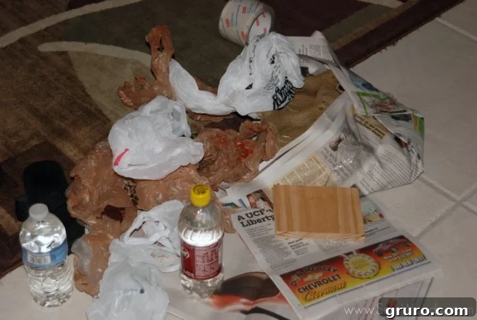 Stuffing the mummy's feet with water bottles and newspaper