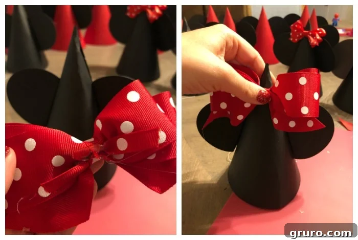 DIY Minnie and Mickey Mouse Party Hats adding the bow
