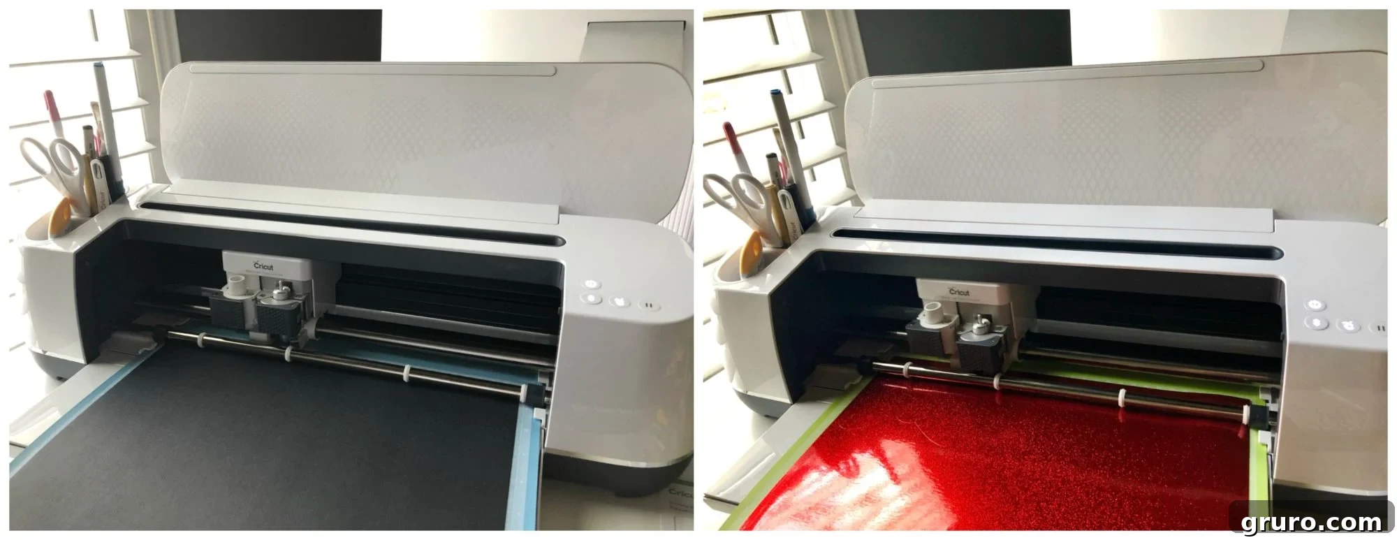 Cricut Maker cutting red shimmer cardstock for Minnie Mouse bows.