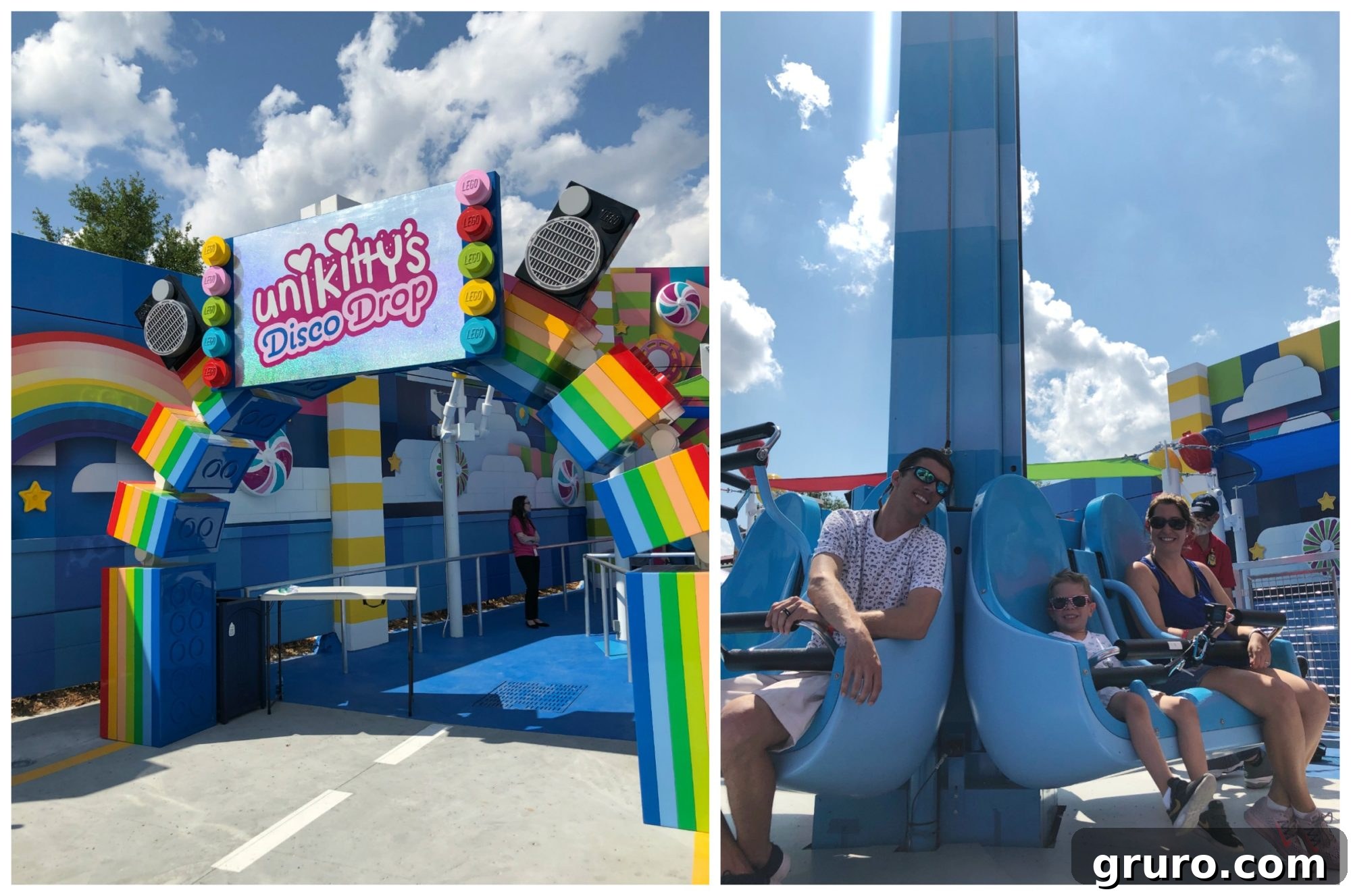 Unikitty’s Disco Drop ride at The LEGO Movie World, themed to Cloud Cuckoo Land.