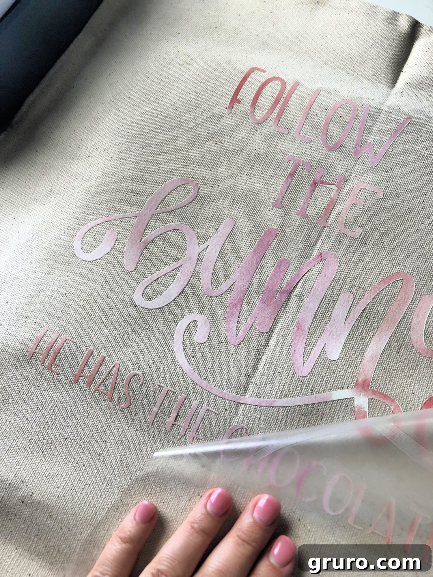 Peeling Iron-On Vinyl from DIY Follow the Bunny Pillow