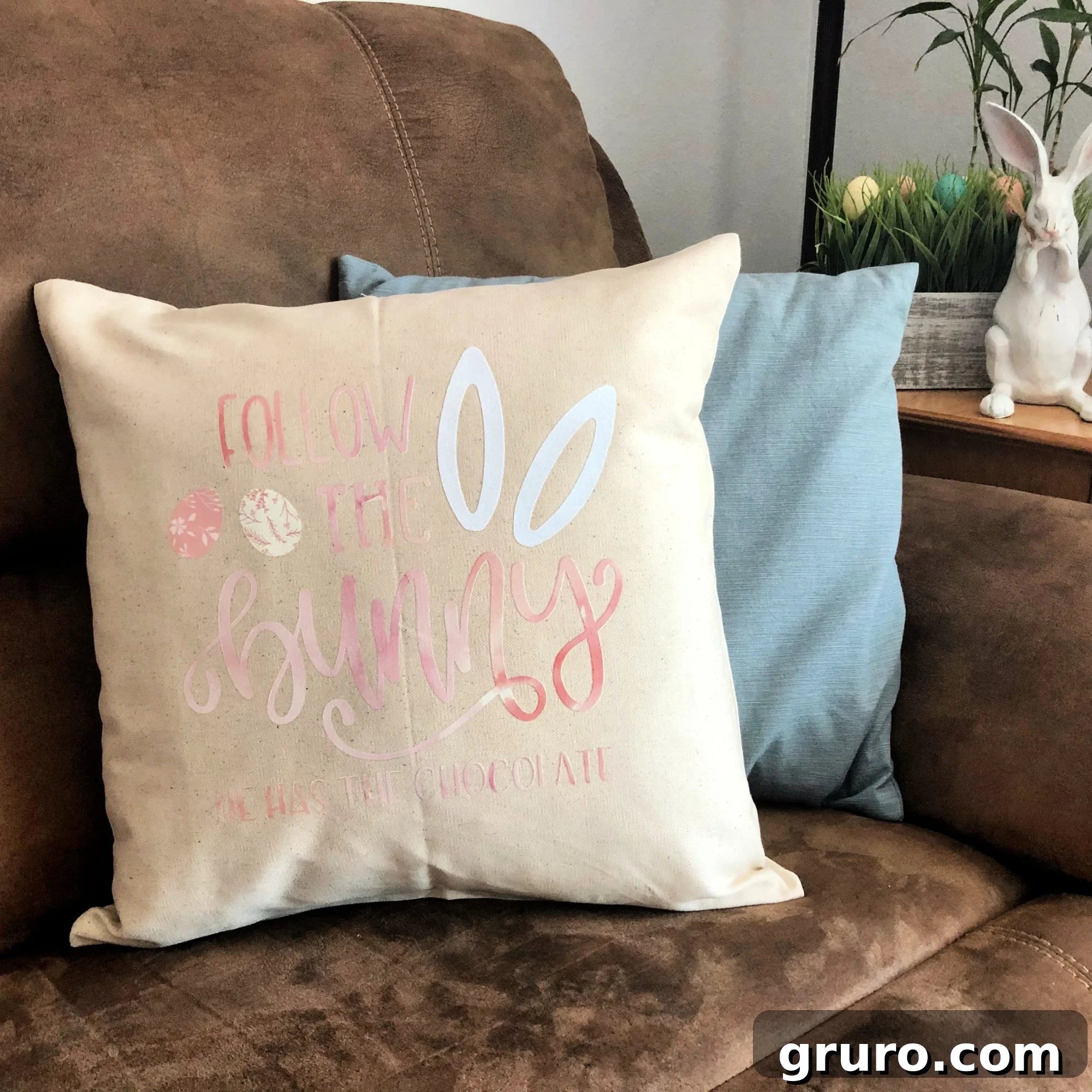 Finished DIY Follow the Bunny Pillow Cover for Spring Decor