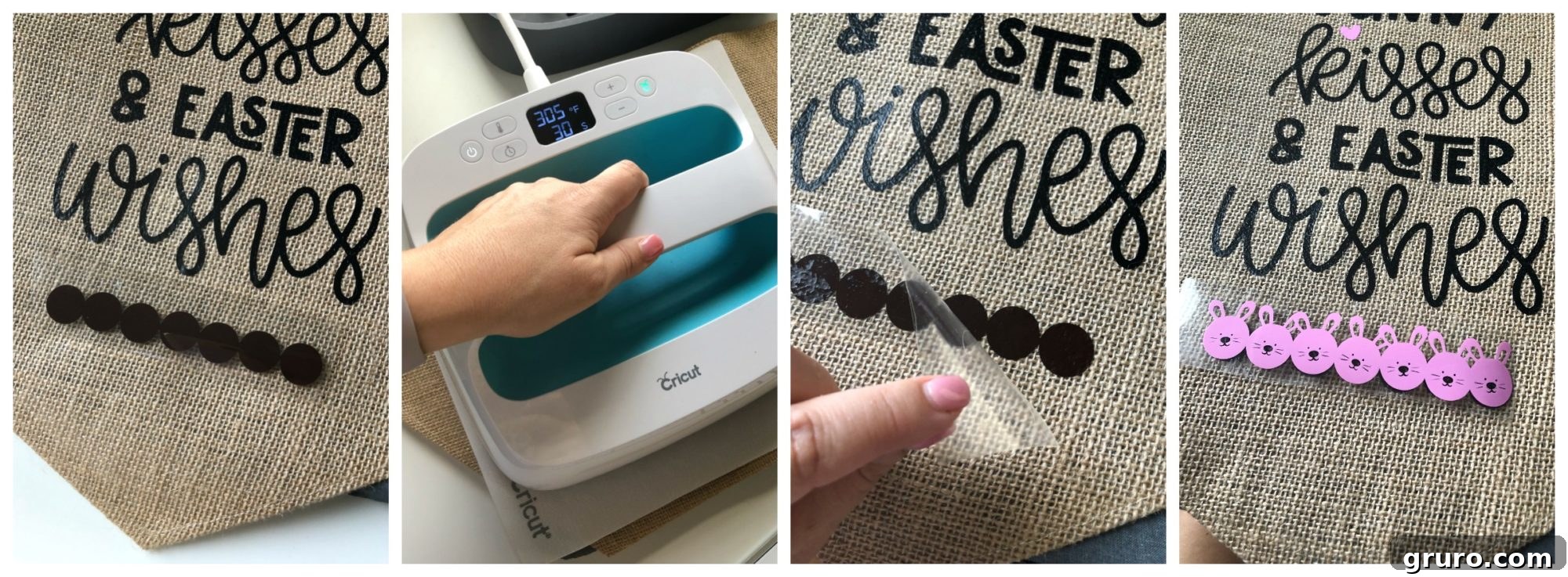 Layering hearts and brown circles of Iron-On Vinyl on the Bunny Kisses & Easter Wishes Burlap Garden Flag.