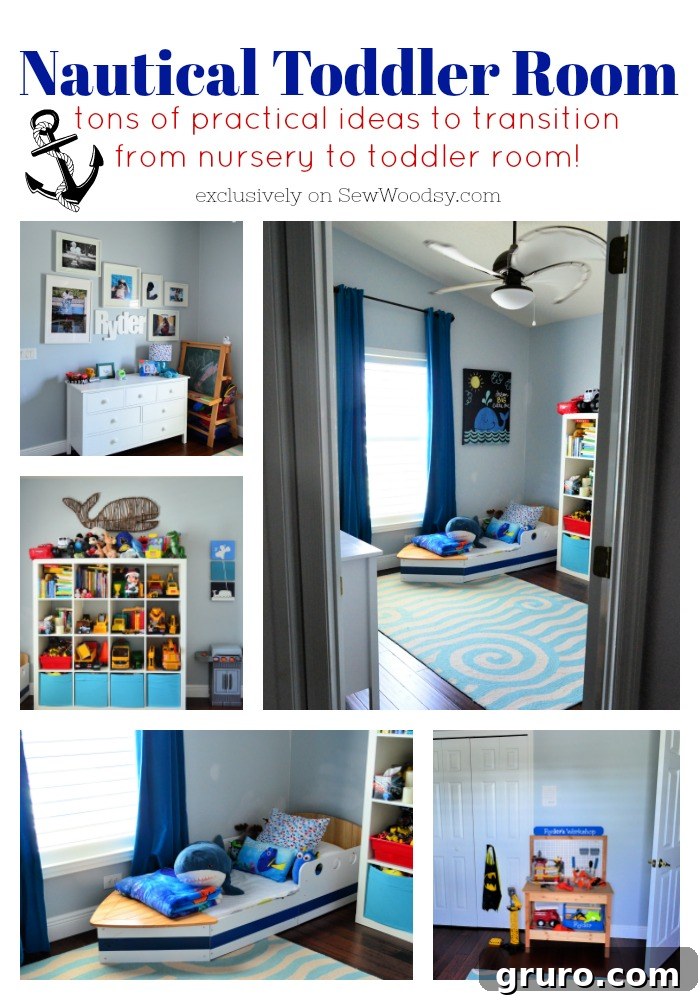 Nautical themed toddler room with a boat bed and ocean decor