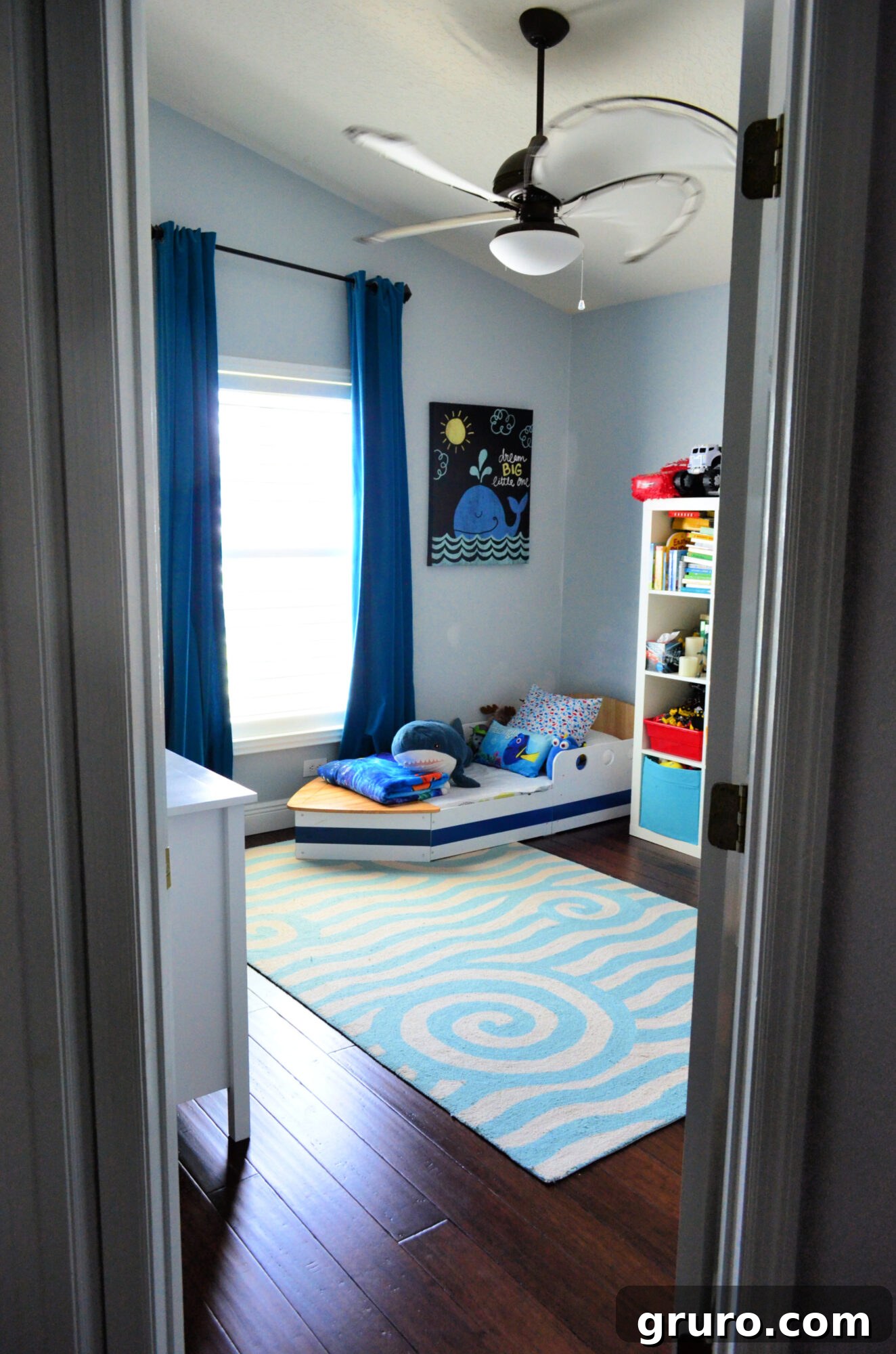 Nautical Toddler Room Ideas: Ocean wave rug and ceiling fan