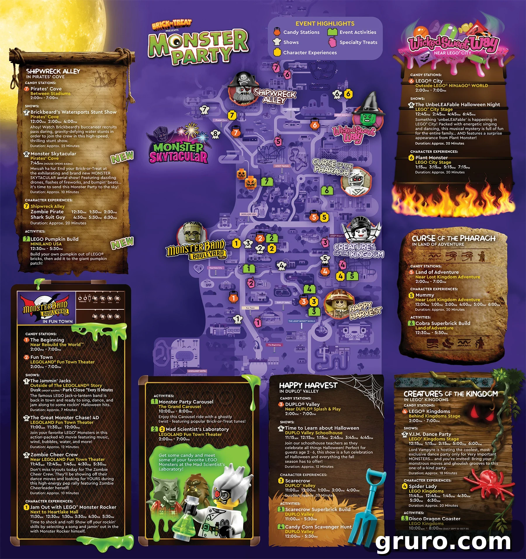 LEGOLAND map for 2024 brick or treat event, highlighting entertainment and candy stations