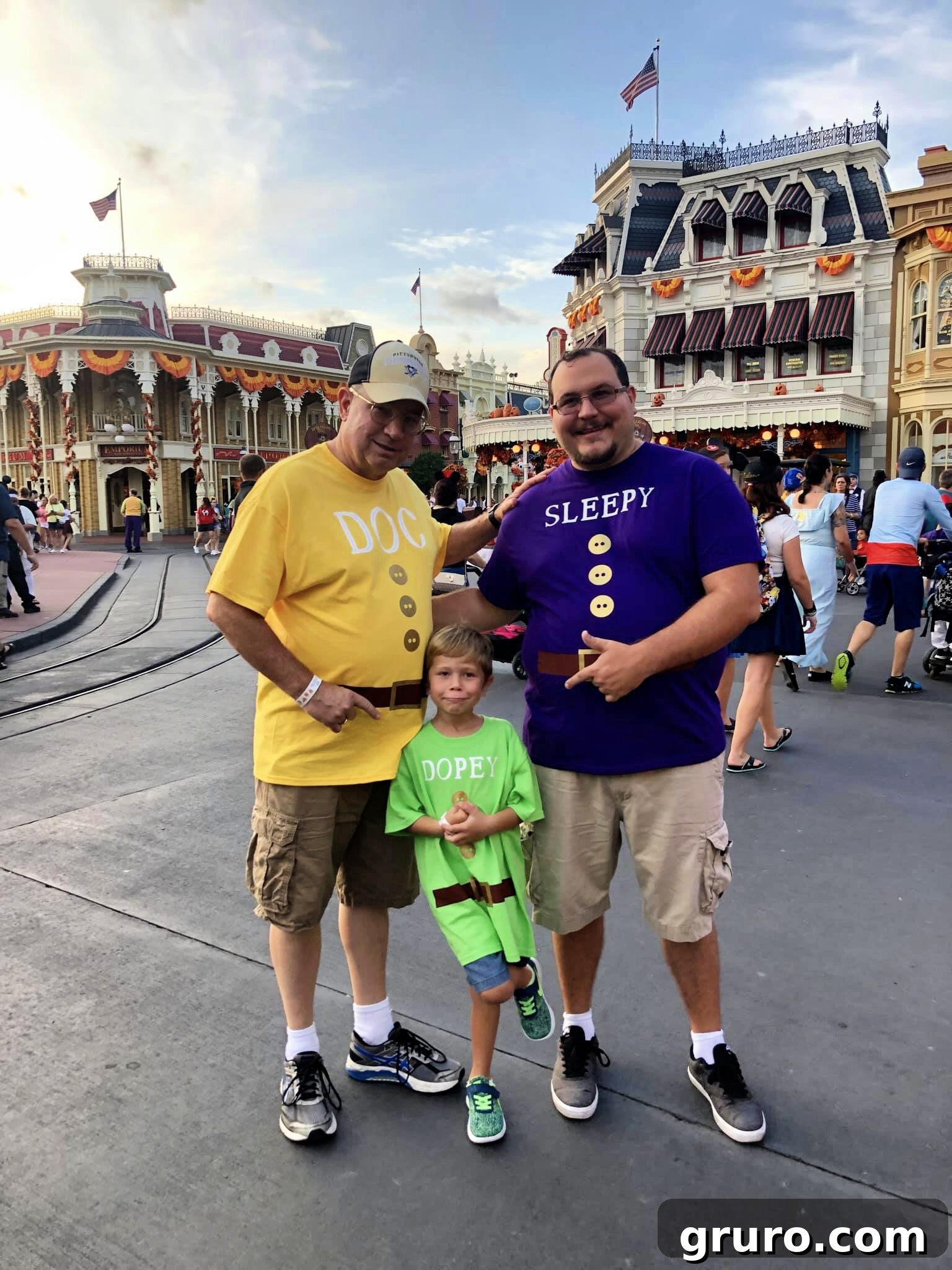 Seven Dwarfs Signature Tees 4 Children dressed as Doc, Sleepy, and Dopey in DIY Dwarf Costumes