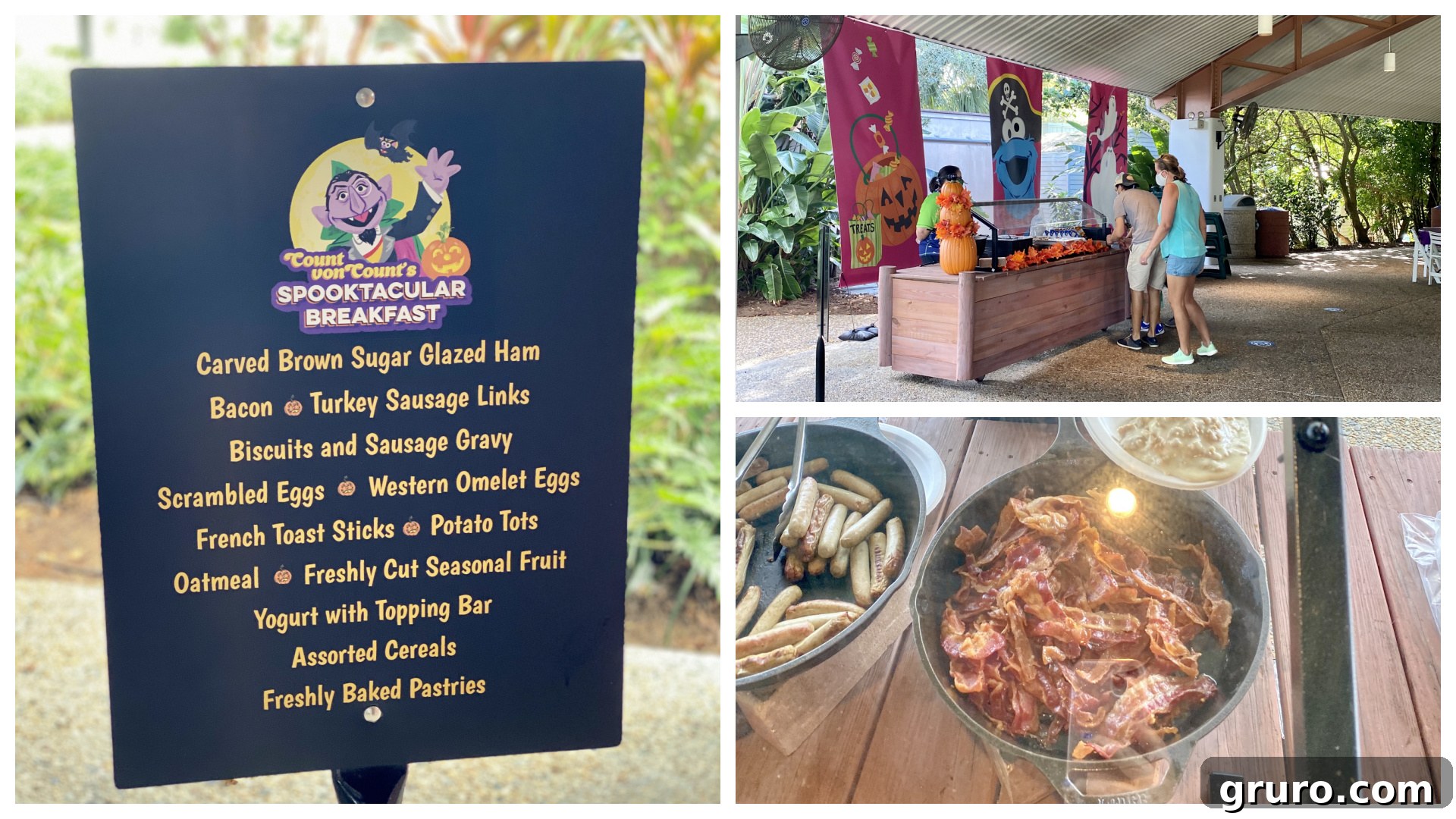 Three photos of Count Von Counts breakfast, menu, bacon and sausage, and how the buffet was set up.