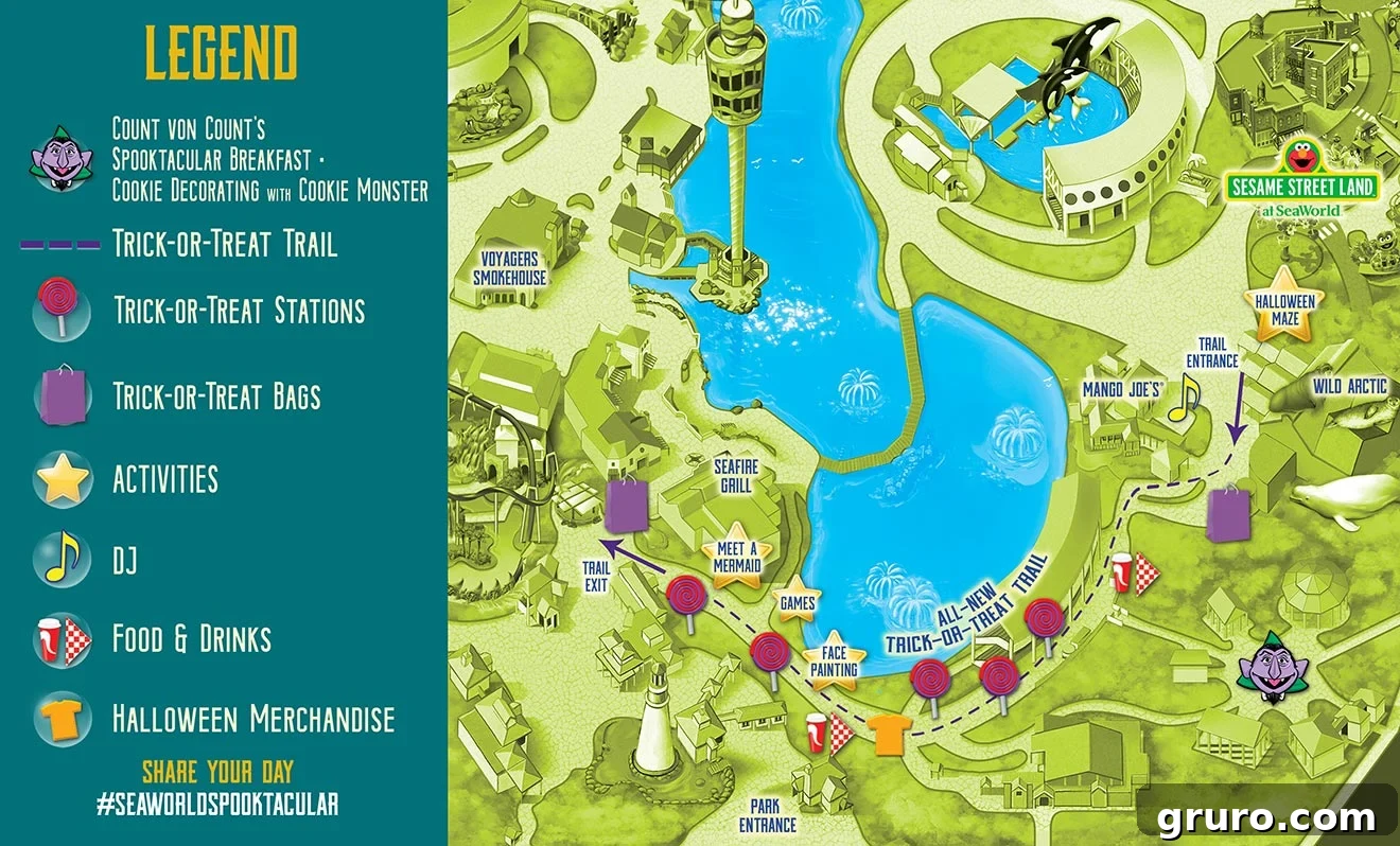 2020 SeaWorld Orlando Spooktacular map of trick or treat stations, trail, activities, etc.