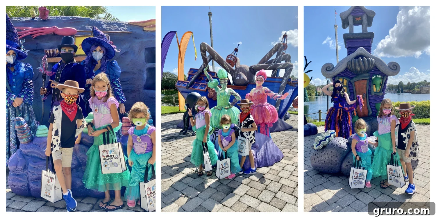 Three photos of three children in costumes posing with Sea Life Characters at SeaWorld.