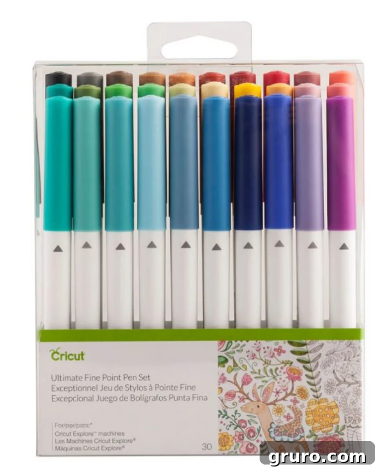 A 30-pack of Cricut Ultimate Fine Point Pens displayed in its packaging, showcasing a wide array of vibrant colors.