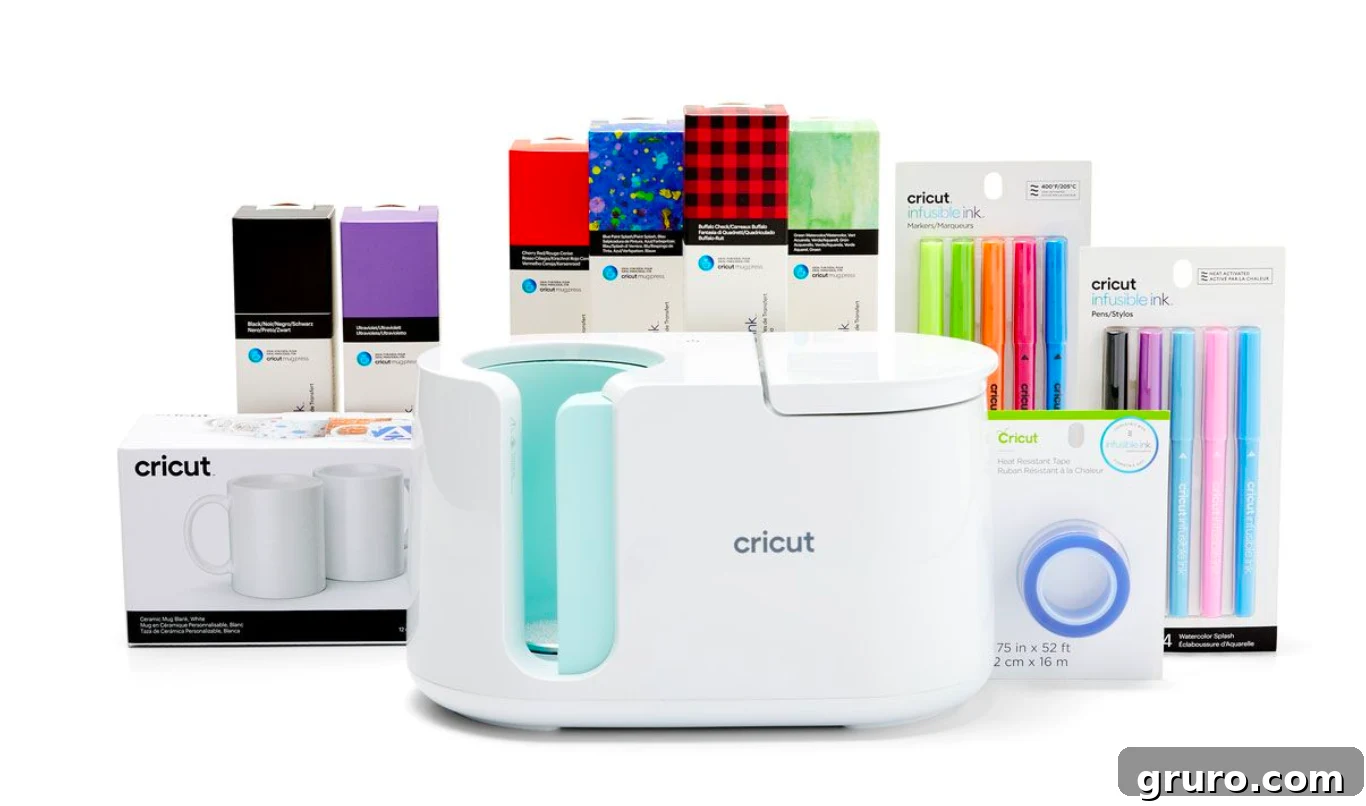 A sleek Cricut Mug Press with a custom-designed mug, surrounded by Infusible Ink vinyl sheets and pens, showcasing its functionality.