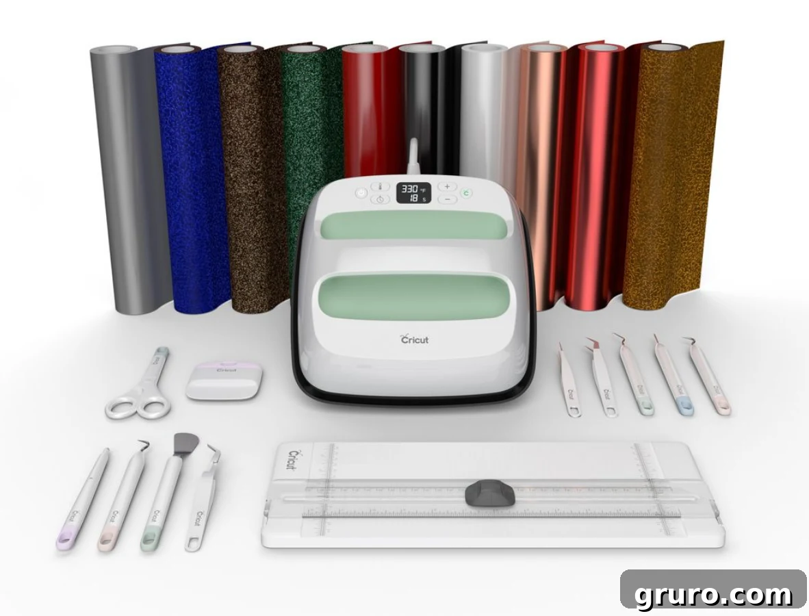 A mint green Cricut EasyPress 2 bundle, showcasing the heat press, several rolls of Iron-On Vinyl, and essential Cricut accessories.