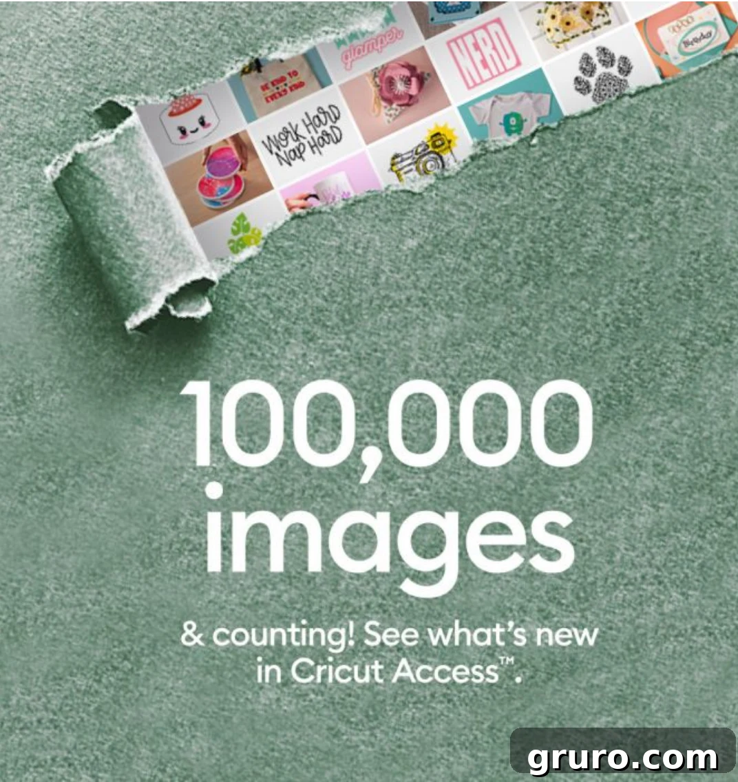 A graphic illustrating '100,000 images' with a stylized green square and a tear revealing more images, representing the vast library of Cricut Access.