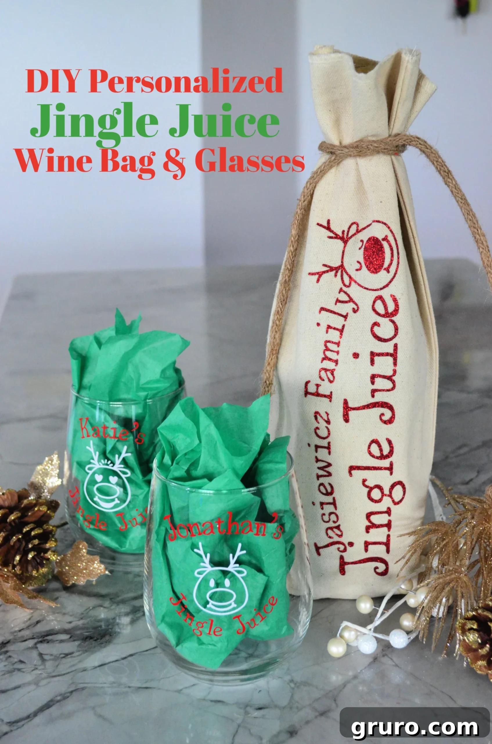 DIY Personalized Jingle Juice Wine Bag & Glasses for Holiday Gifting