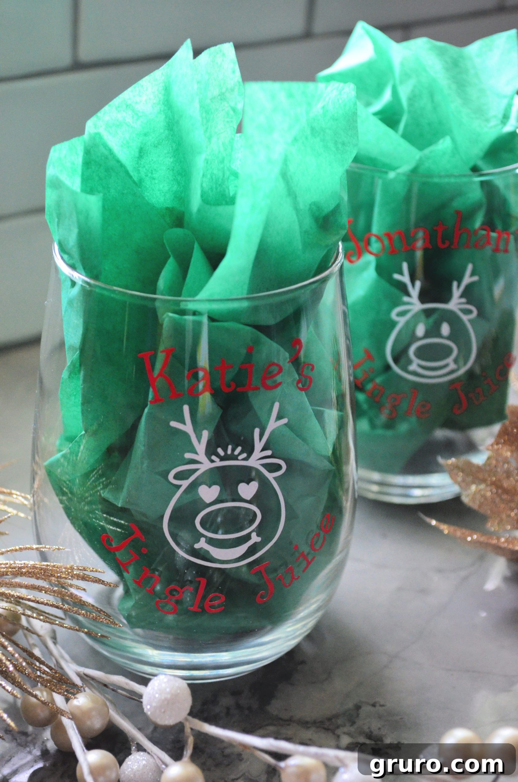 Collection of DIY Personalized Jingle Juice Reindeer Wine Glasses