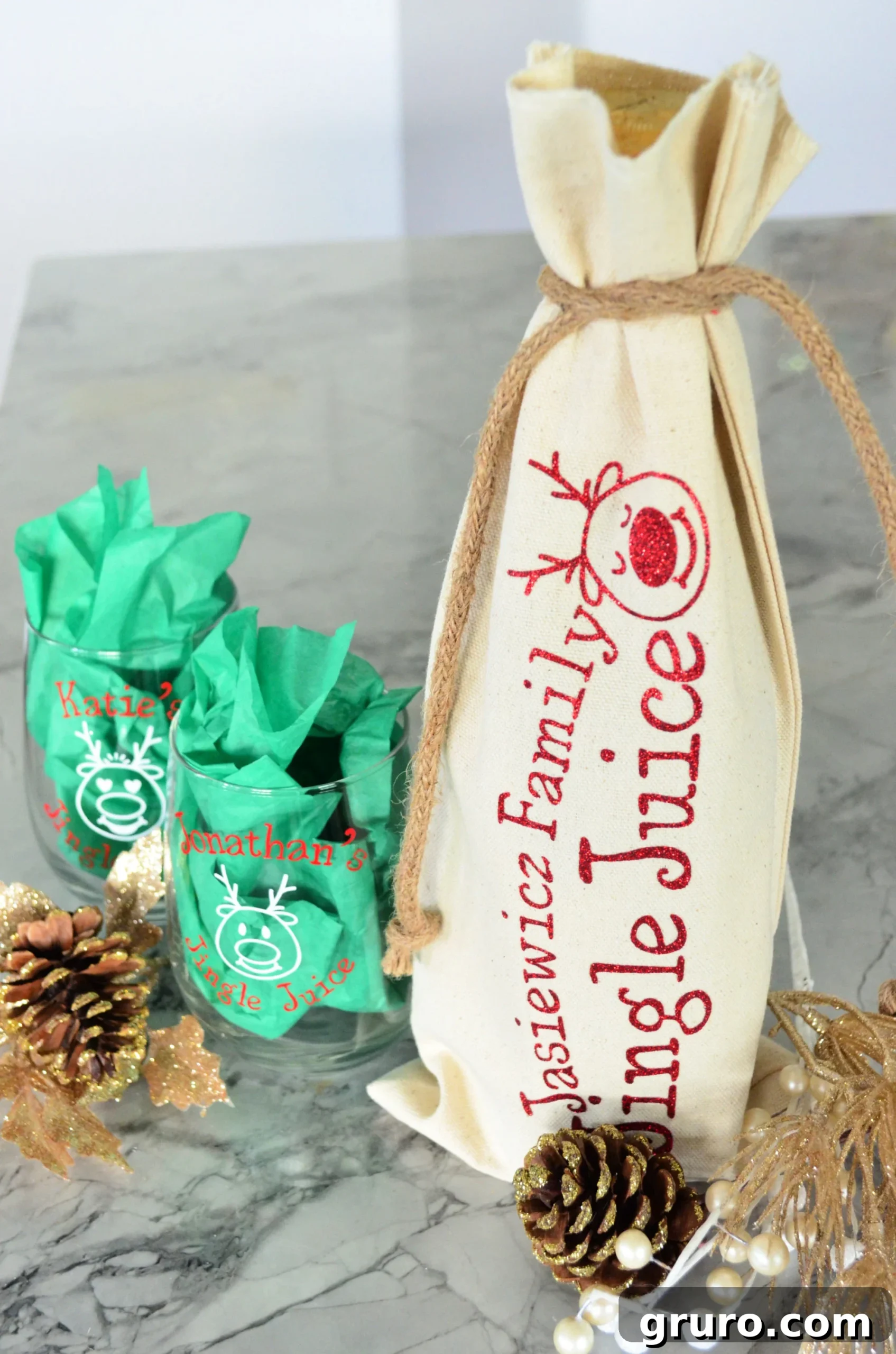 DIY Personalized Jingle Juice Holiday Wine Bag & Glasses ready for gifting