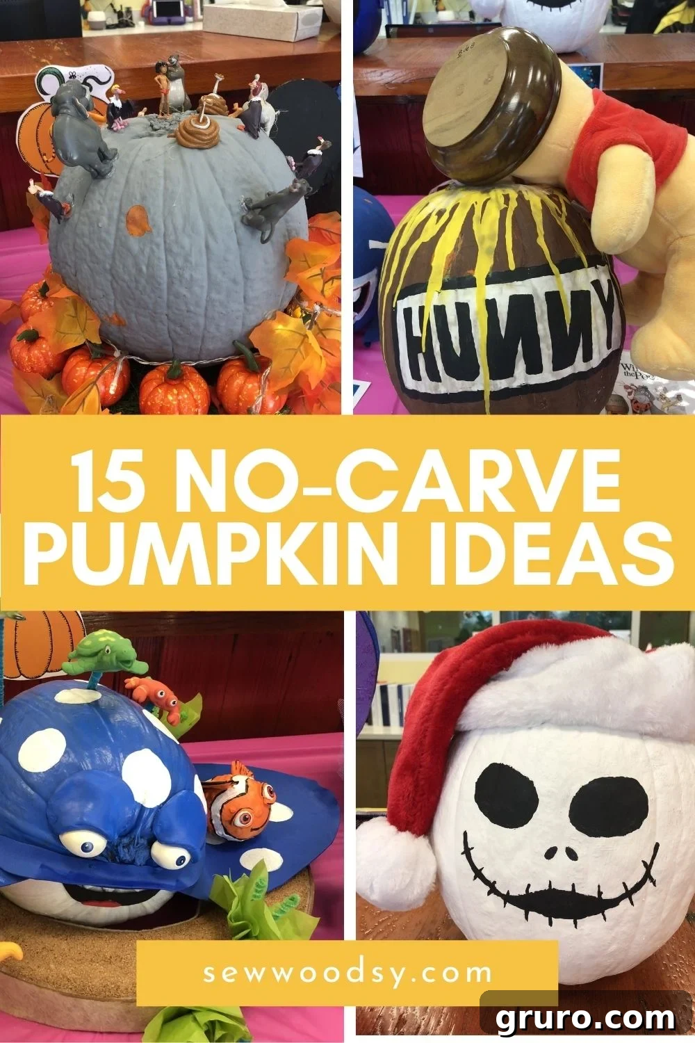 15 Creative No-Carve Pumpkin Decorations 2 Four photos showcasing diverse no-carve pumpkin designs including a Jungle Book scene, Winnie the Pooh, Nemo, and Jack Skellington, accompanied by text optimized for Pinterest sharing.