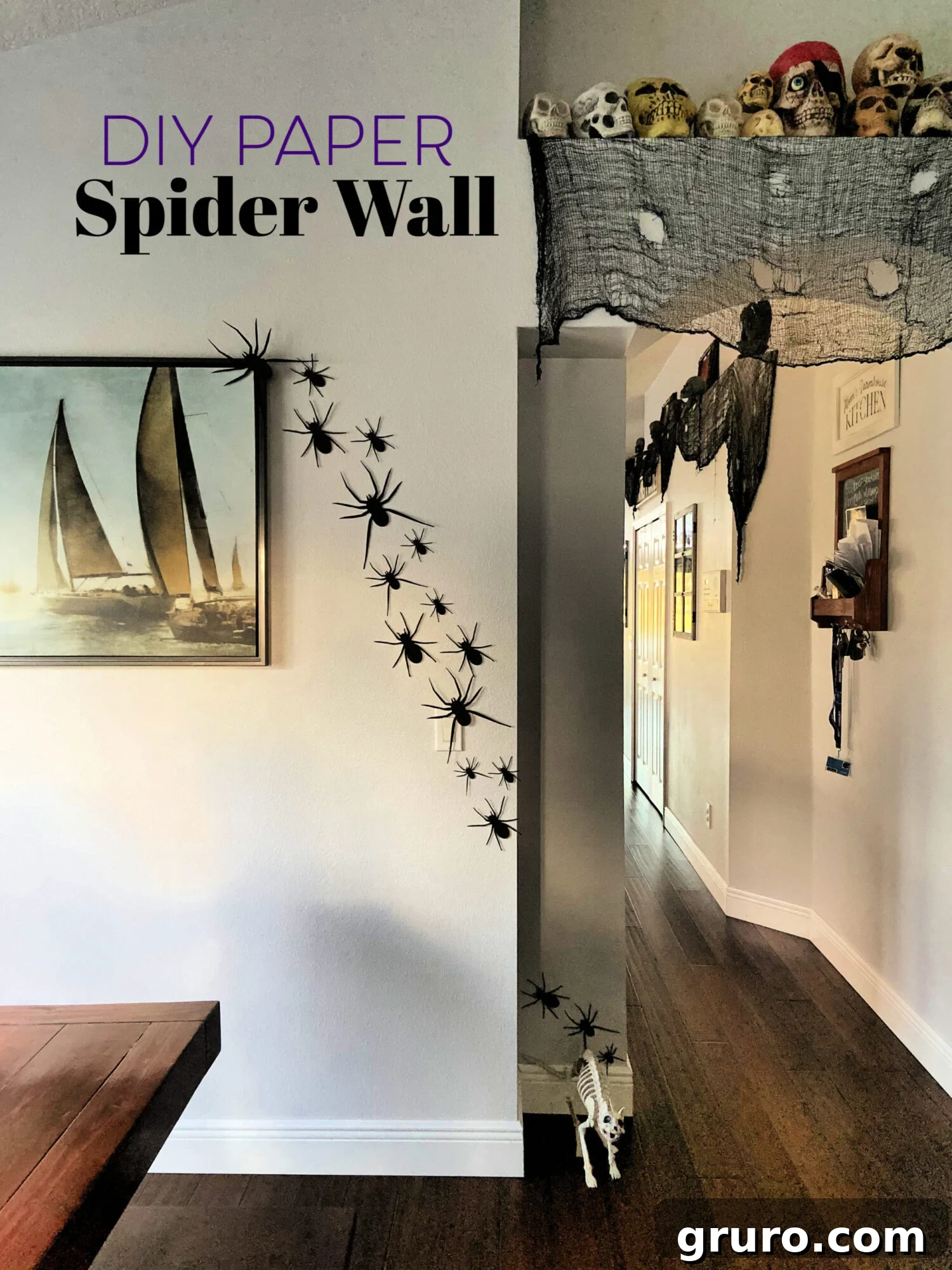 DIY Paper Spider Wall - A dramatic wall covered in black paper spiders, cut with a Cricut machine, for Halloween decor.