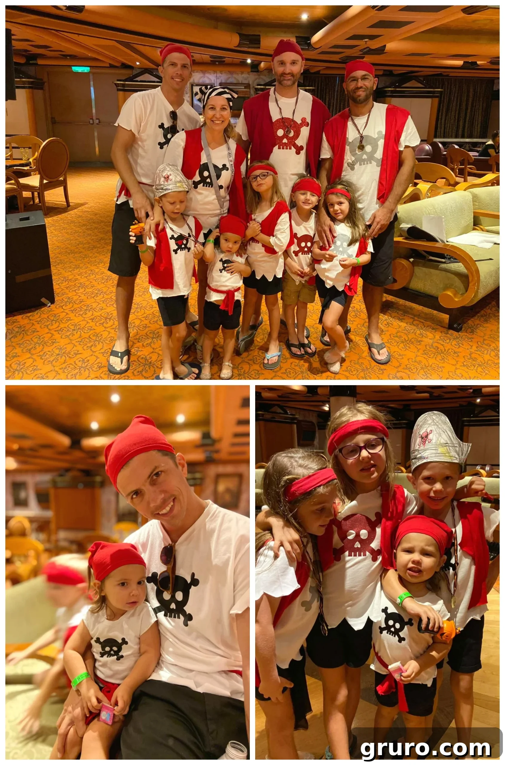 A family of adults and children, all dressed as pirates, posing together on a Carnival Cruise ship.