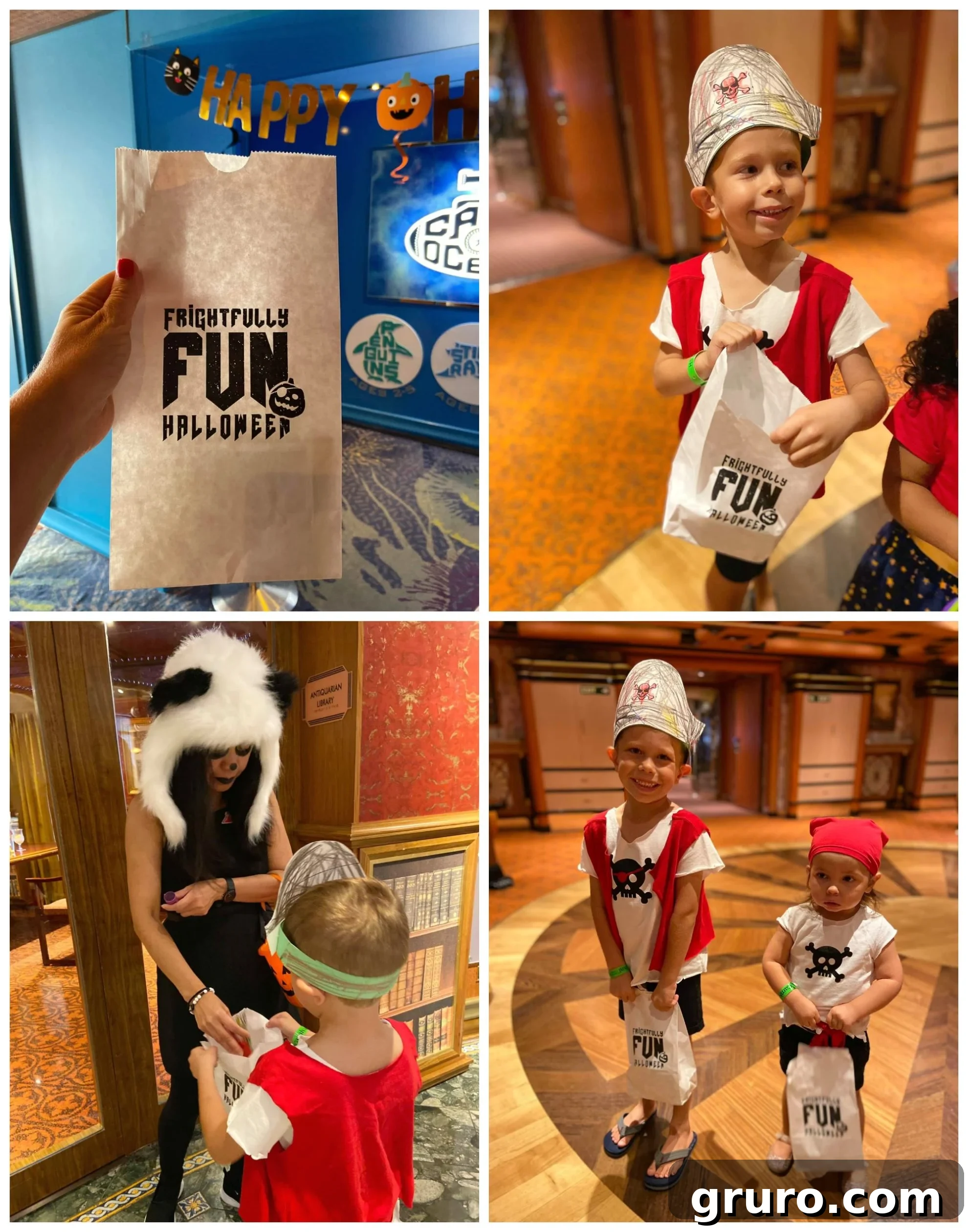 Little boy dressed as a pirate joyfully trick-or-treating on a Carnival Cruise ship, holding a map.