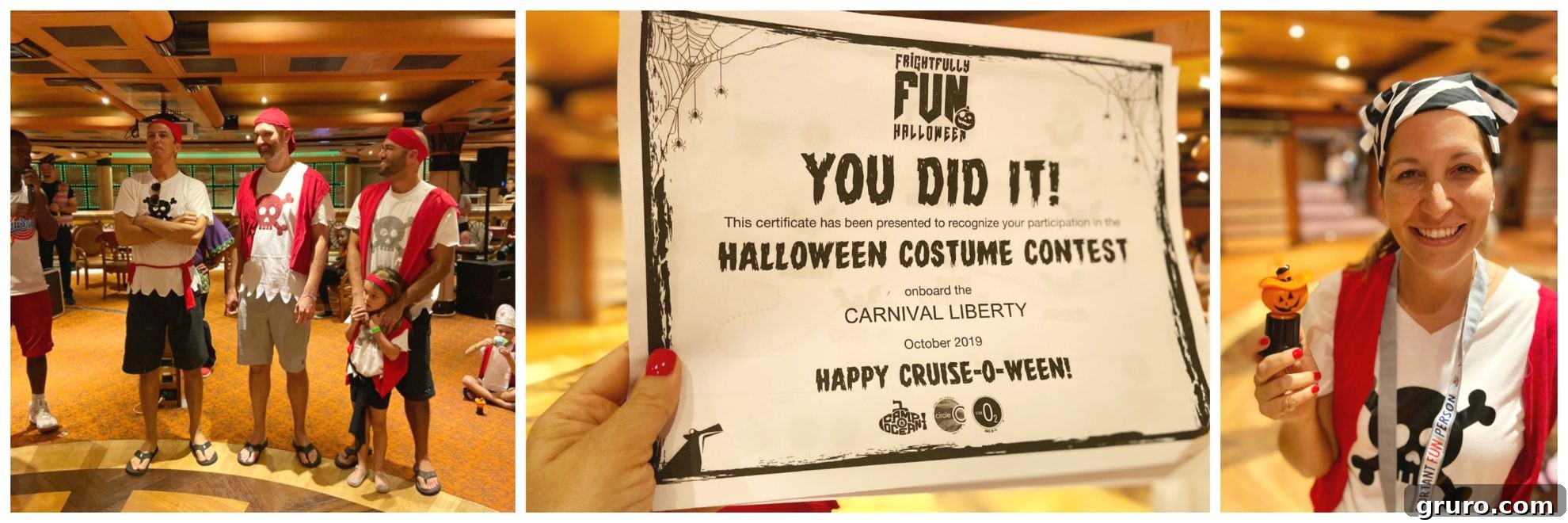 Male adults and a female pirate proudly holding a costume contest trophy on a Carnival Cruise.
