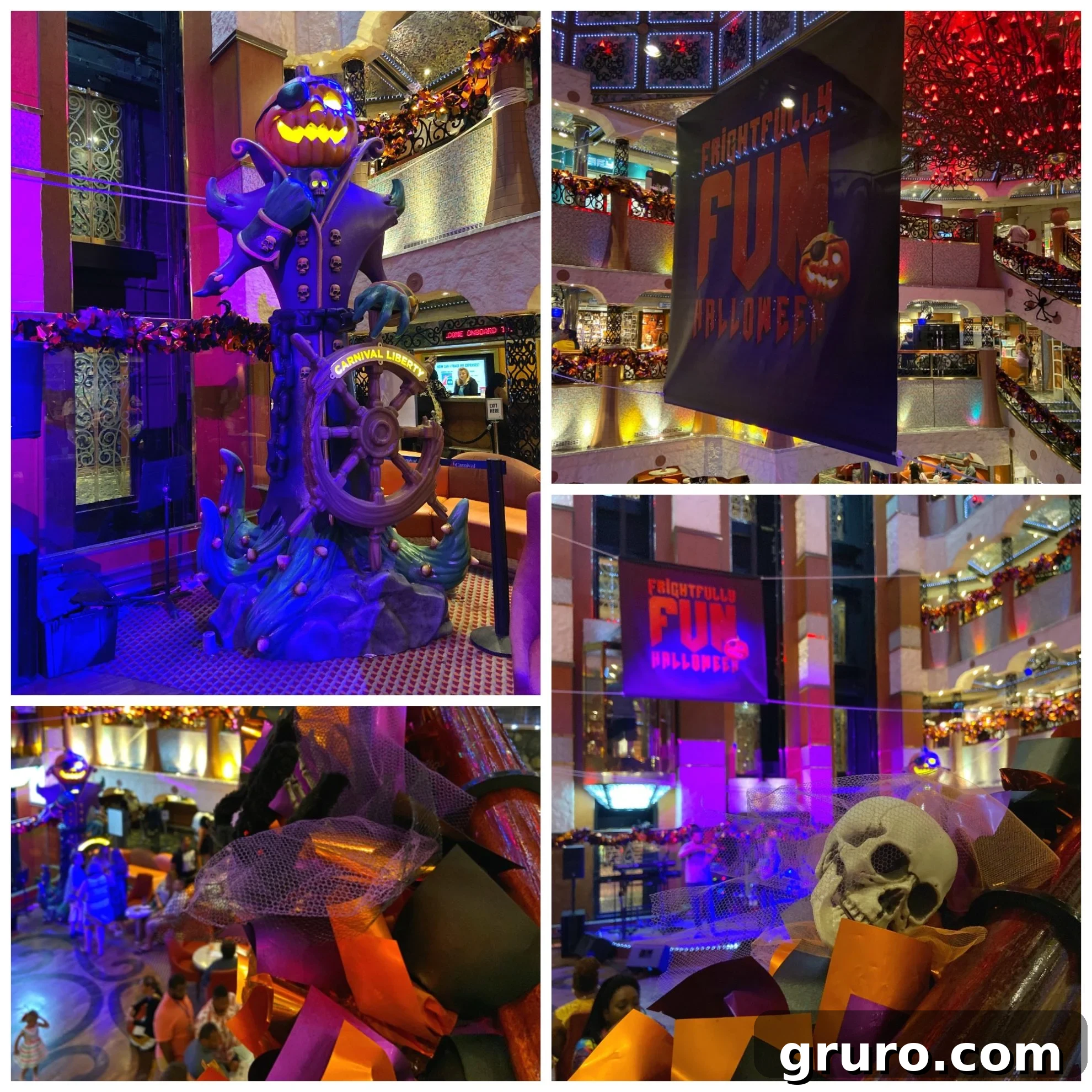 Collage of various Halloween decorations including pumpkins, skeletons, and festive banners on a Carnival Cruise ship.